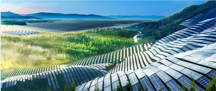 Expansive solar farm with solar panels spread across rolling forested hills and flat plains, harnessing solar energy amid a lush, mountainous landscape.